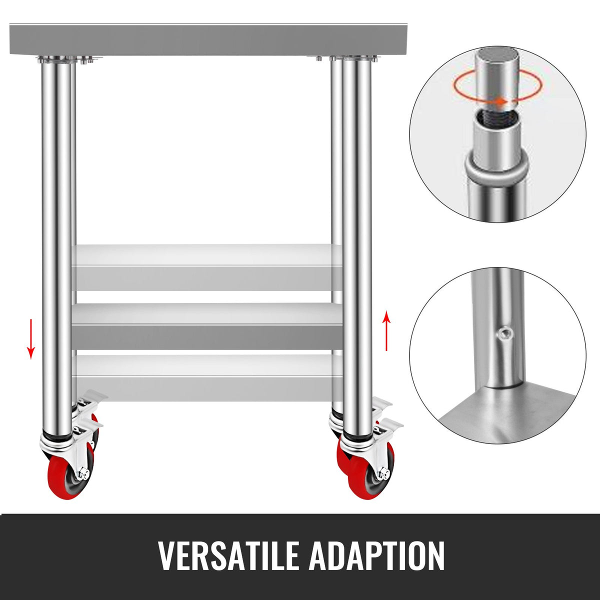 Stainless Steel Work Table 24x18x34", 700LBS, 4 Wheels, 3 Height Levels, Silver