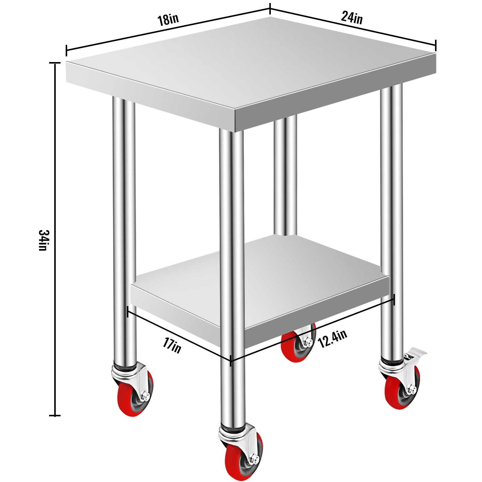 Stainless Steel Work Table 24x18x34", 700LBS, 4 Wheels, 3 Height Levels, Silver