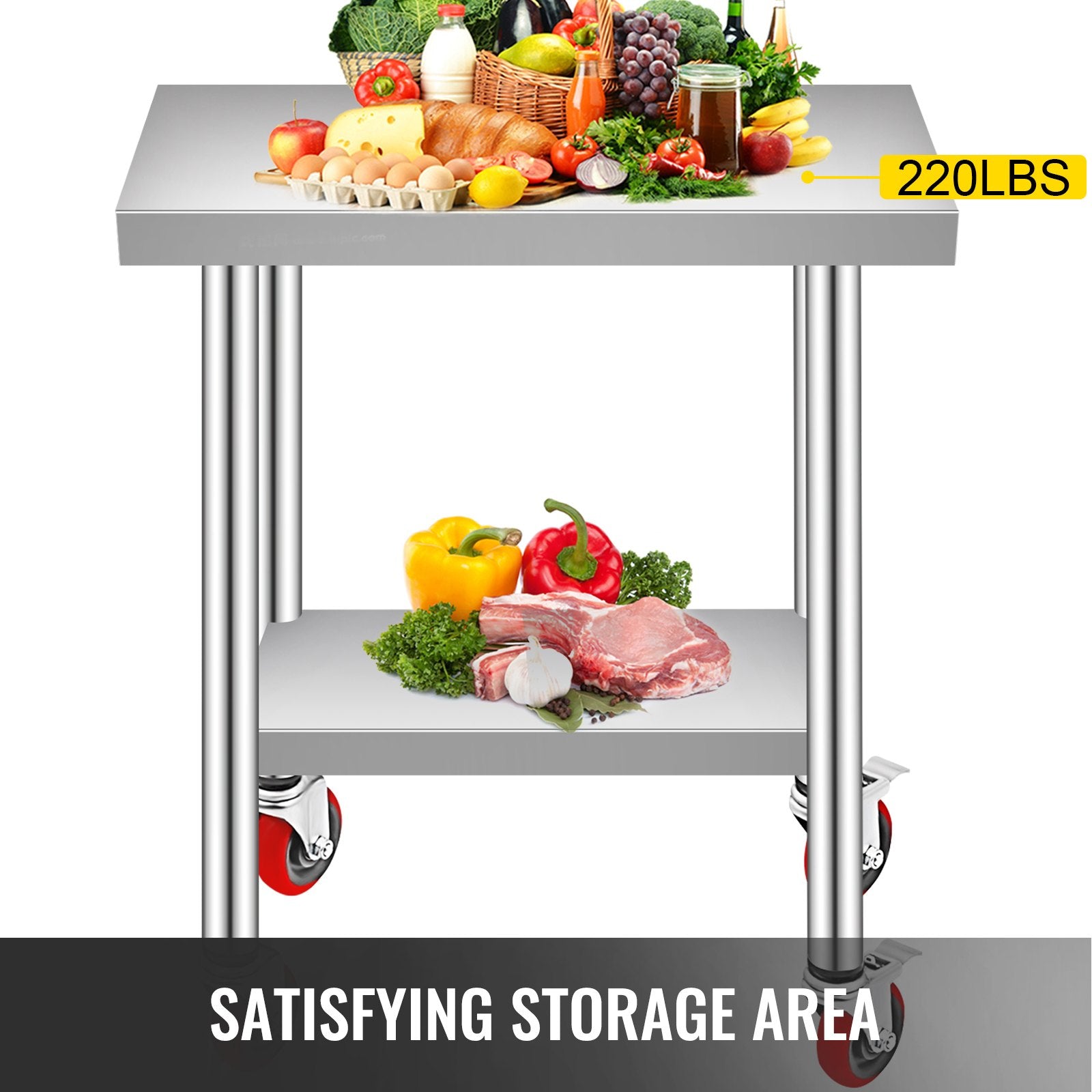 Stainless Steel Work Table 30x12x34", 700LBS, 4 Wheels, 3 Height Levels, Silver