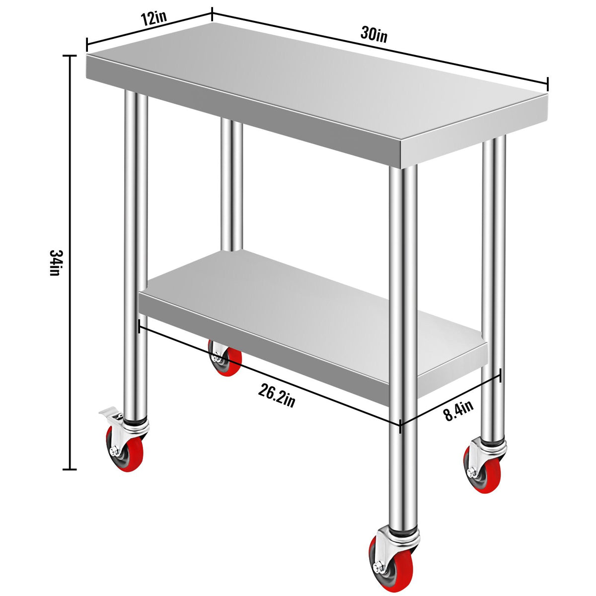 Stainless Steel Work Table 30x12x34", 700LBS, 4 Wheels, 3 Height Levels, Silver