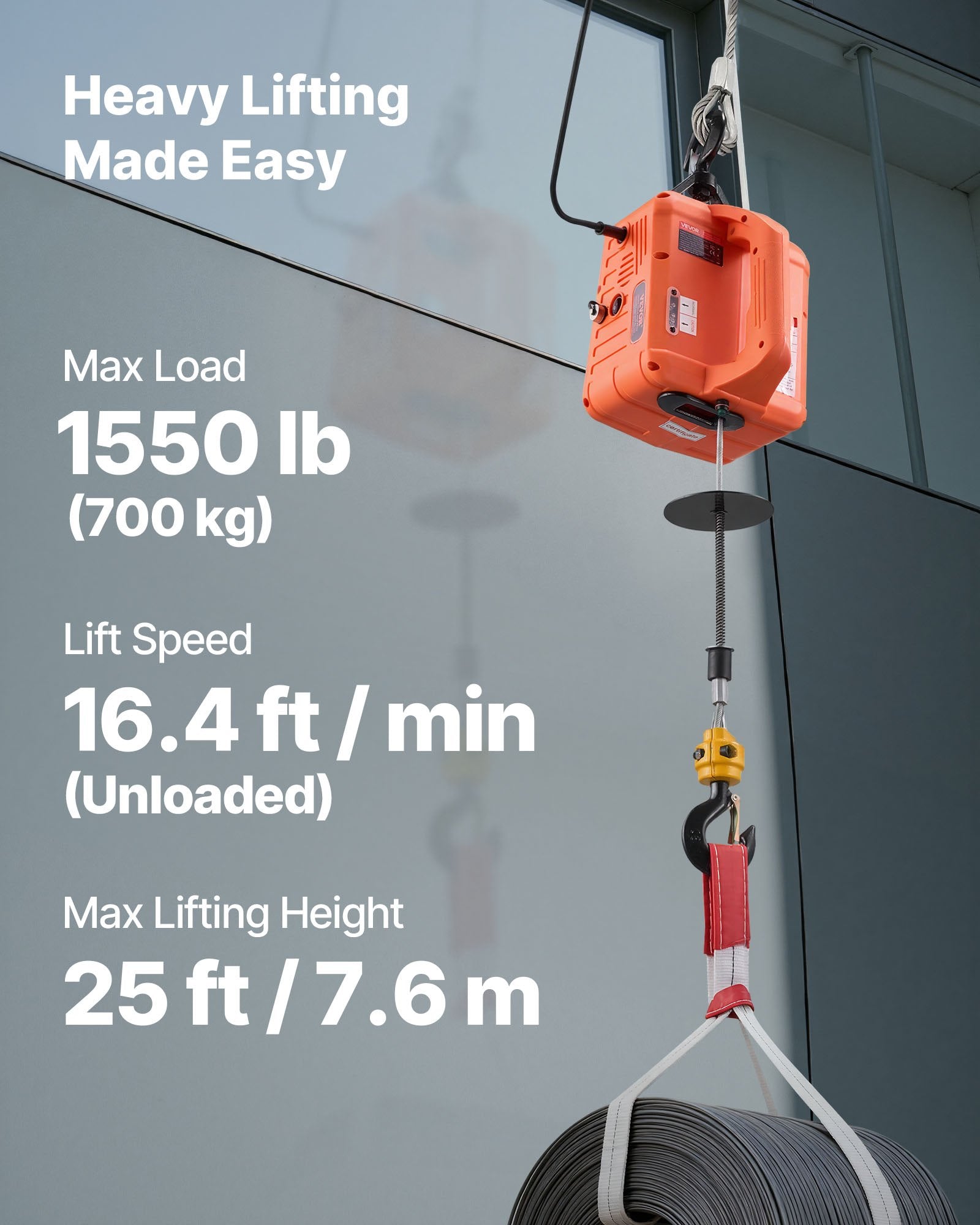 3-in-1 Electric Hoist Winch 700kg 1500W Crane w/ Wireless Remote