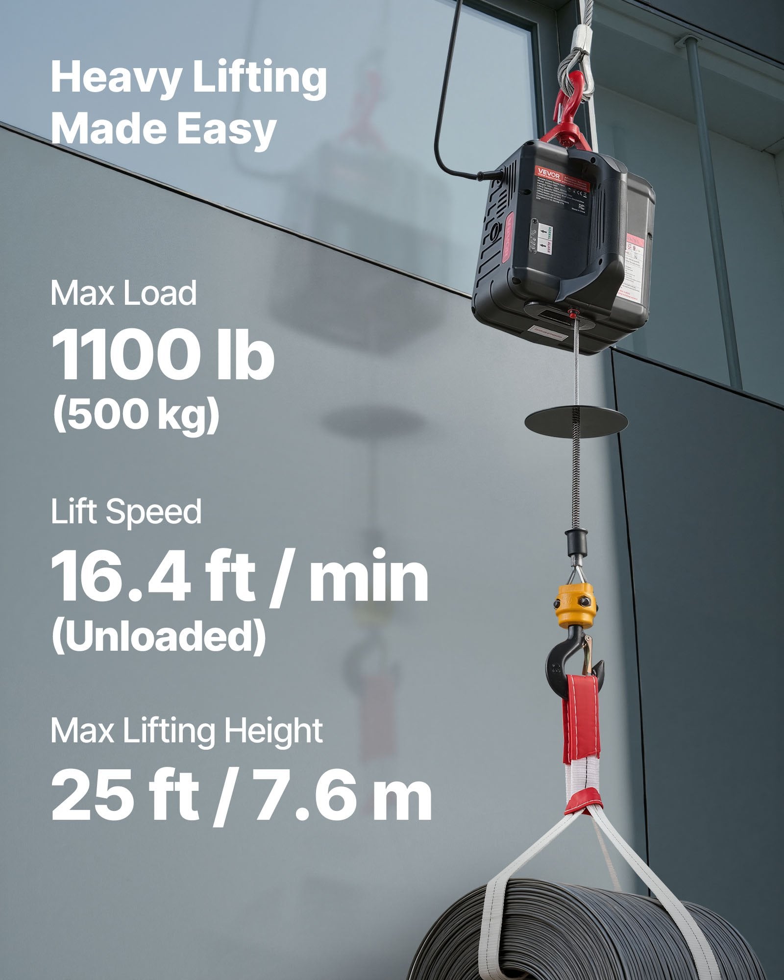 2-in-1 Electric Hoist Winch 500kg 1500W 7.6m Lifting Wireless Remote Control