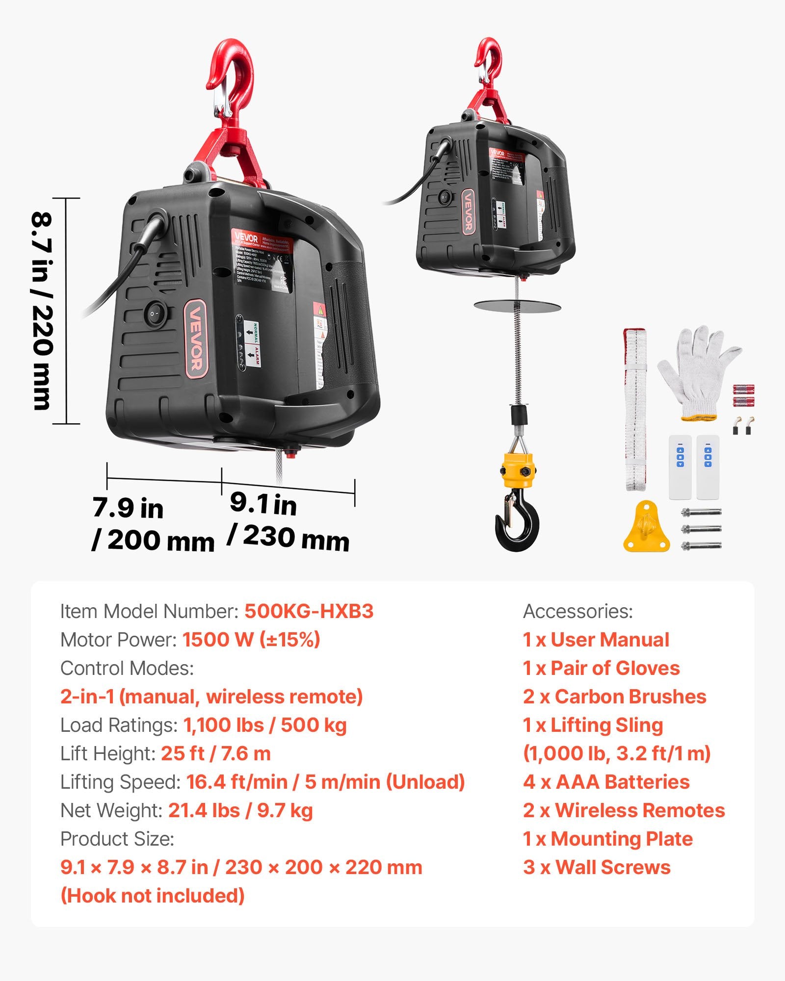 2-in-1 Electric Hoist Winch 500kg 1500W 7.6m Lifting Wireless Remote Control