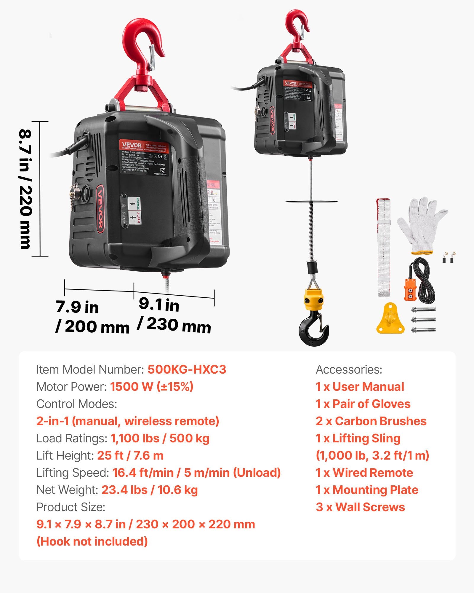 2-in-1 Electric Hoist Winch 500kg 1500W Portable Crane w/ Remote Control