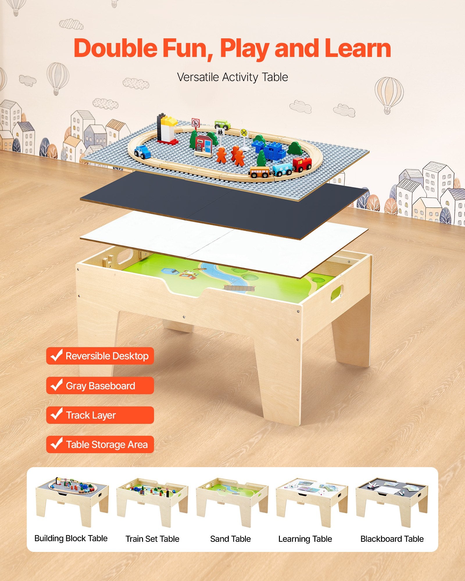Multi-Purpose Activity Play Table 290 Bricks 30PCS Wooden Train Set with Storage