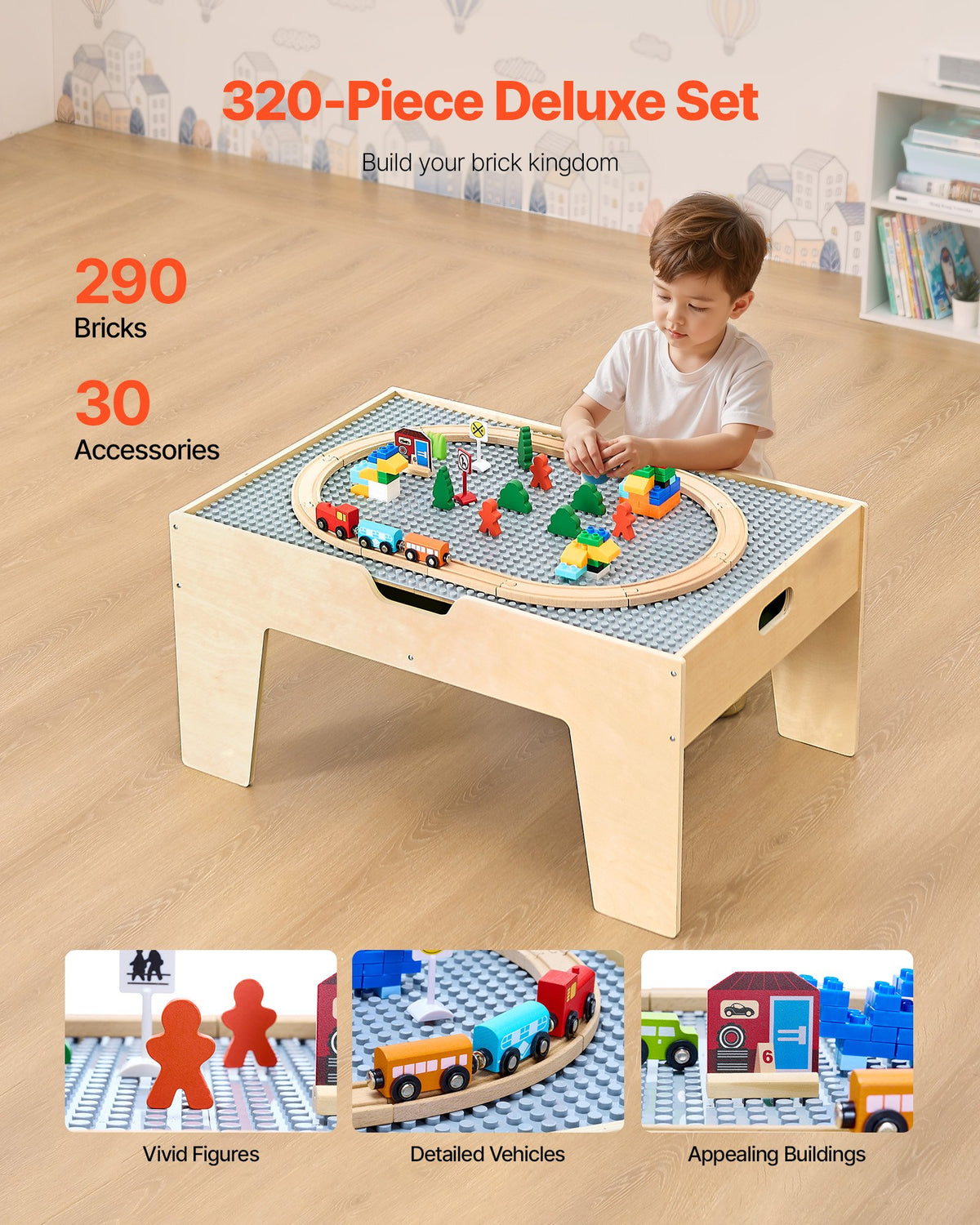 Multi-Purpose Activity Play Table 290 Bricks 30PCS Wooden Train Set with Storage
