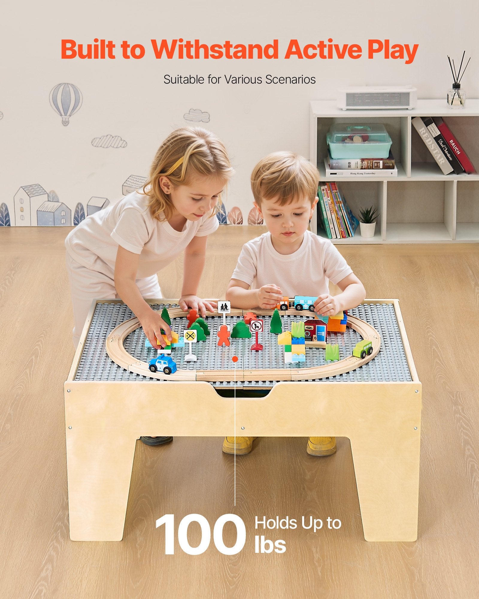 Multi-Purpose Activity Play Table 290 Bricks 30PCS Wooden Train Set with Storage