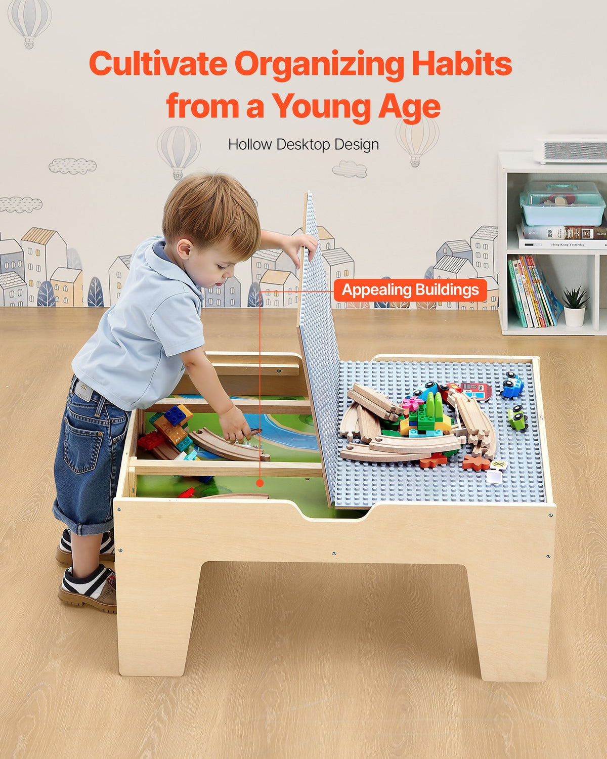 Multi-Purpose Activity Play Table 290 Bricks 30PCS Wooden Train Set with Storage