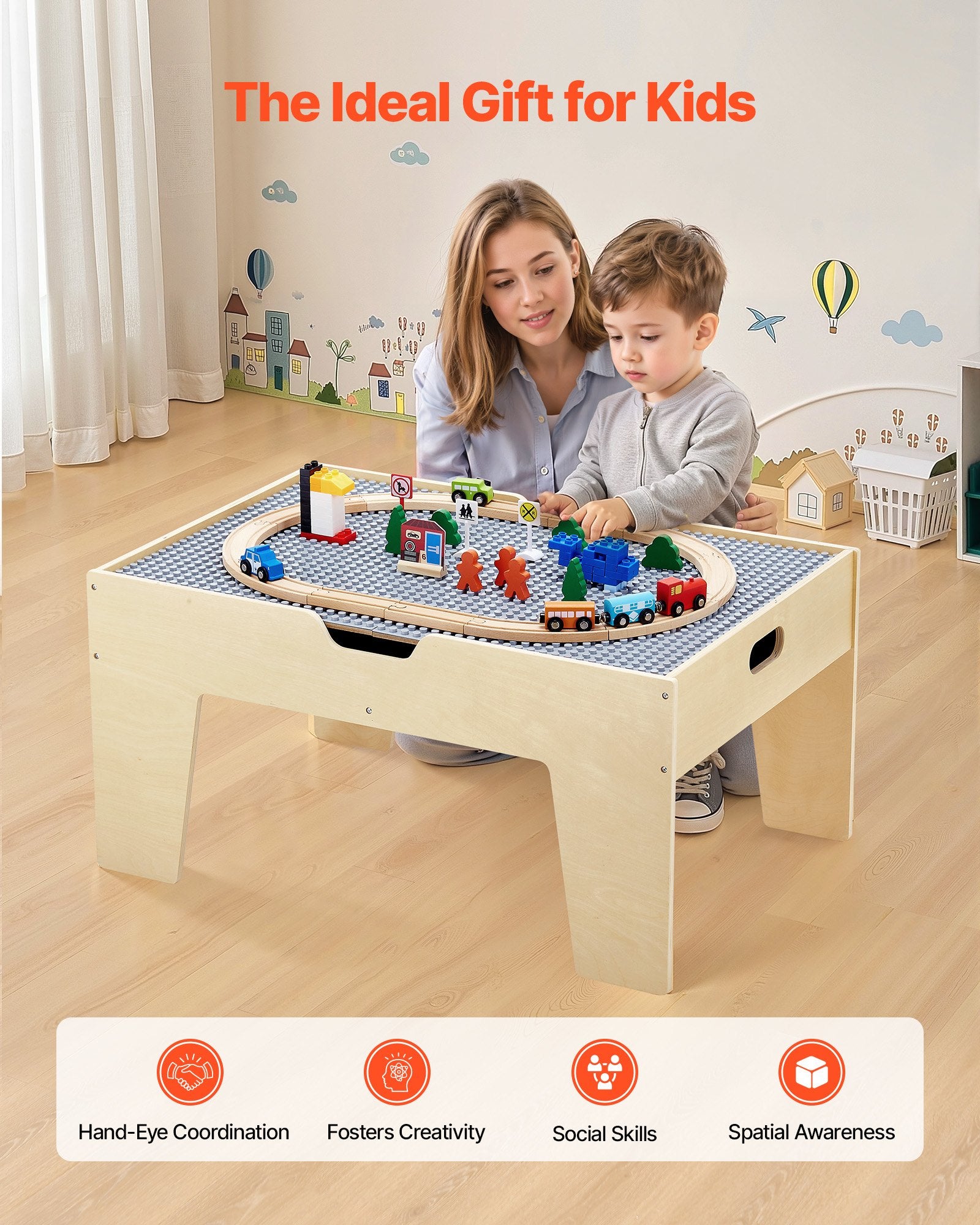 Multi-Purpose Activity Play Table 290 Bricks 30PCS Wooden Train Set with Storage