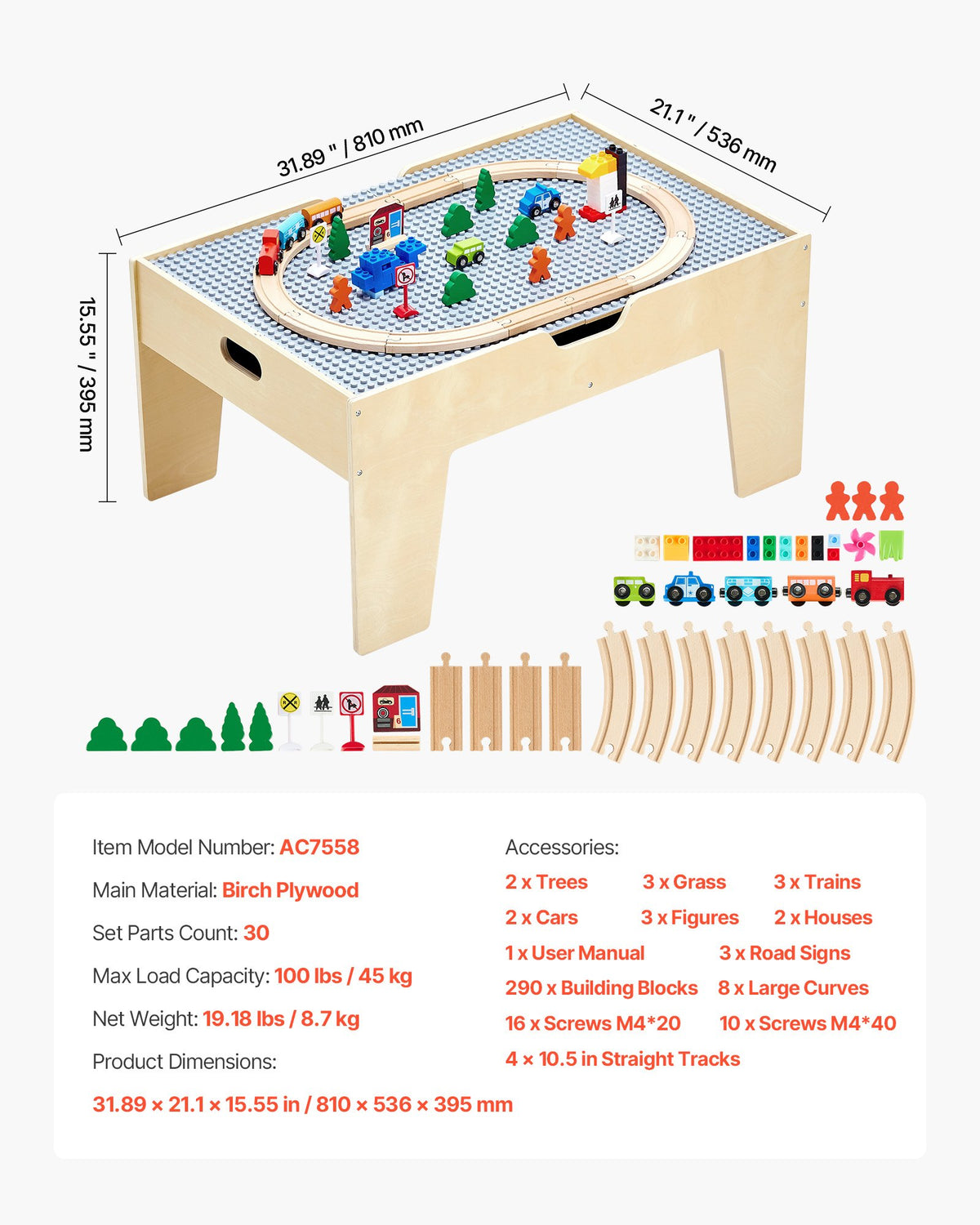 Multi-Purpose Activity Play Table 290 Bricks 30PCS Wooden Train Set with Storage
