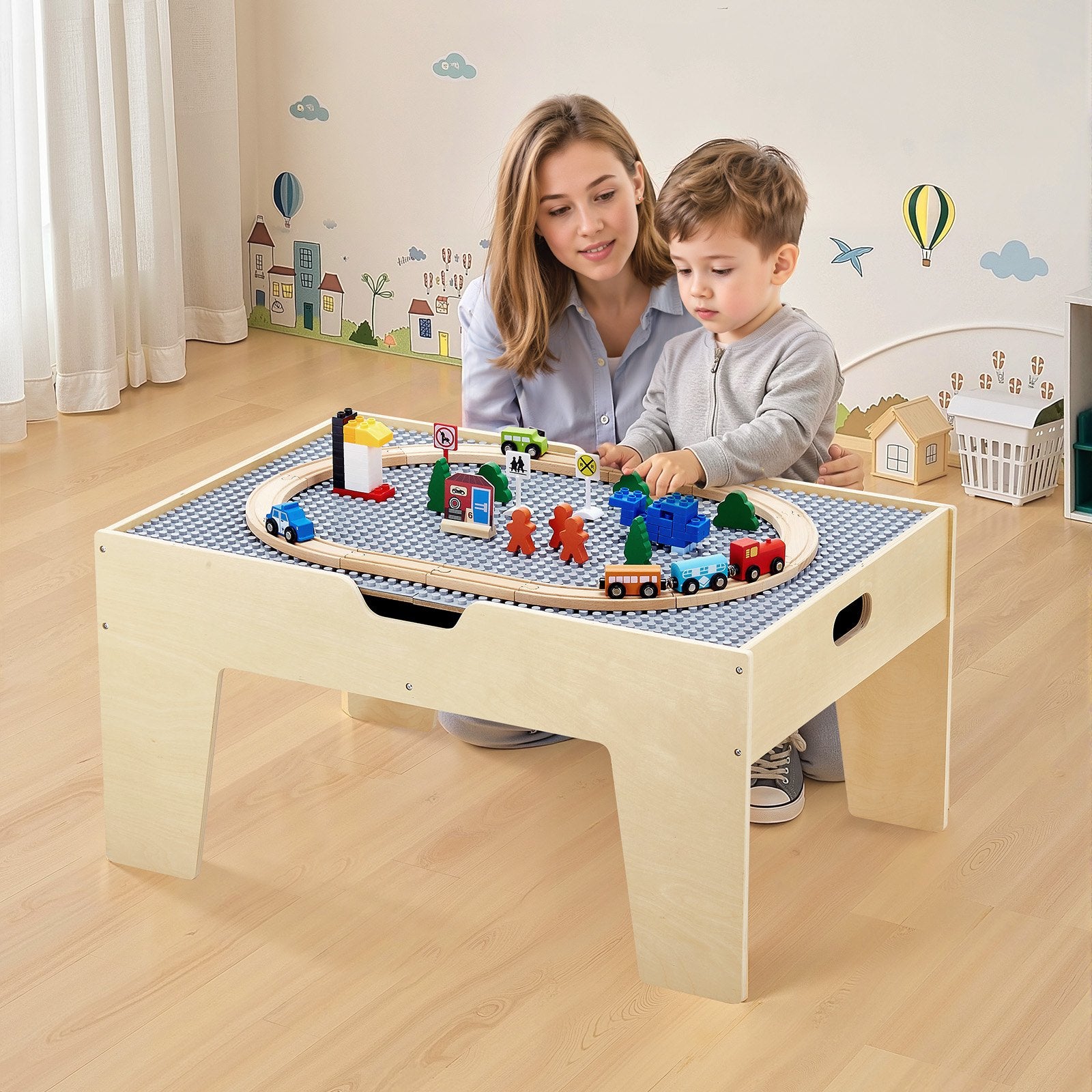 Multi-Purpose Activity Play Table 290 Bricks 30PCS Wooden Train Set with Storage