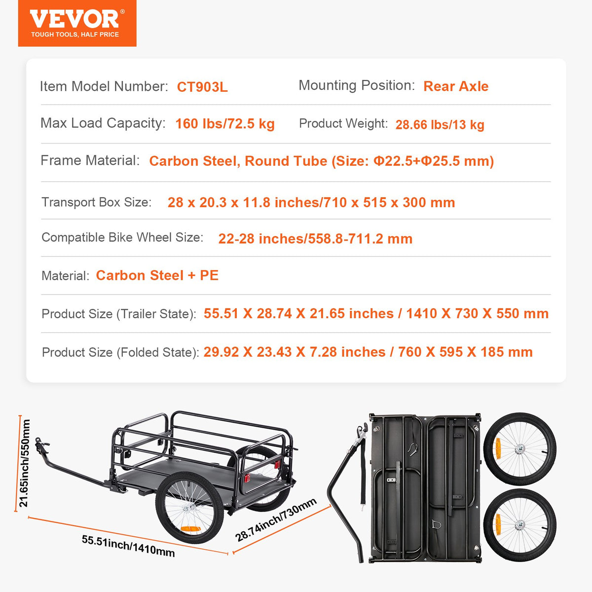 Bike Cargo Trailer Heavy Duty Foldable Bicycle Wagon Cart 72.5kg Load