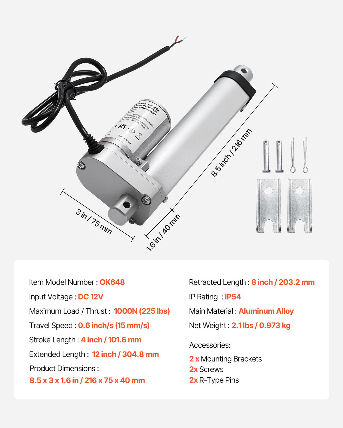 Linear Actuator 12V 101.6mm Stroke 15mm/s 1000N IP54 Mount Brkt Desk Door Opener