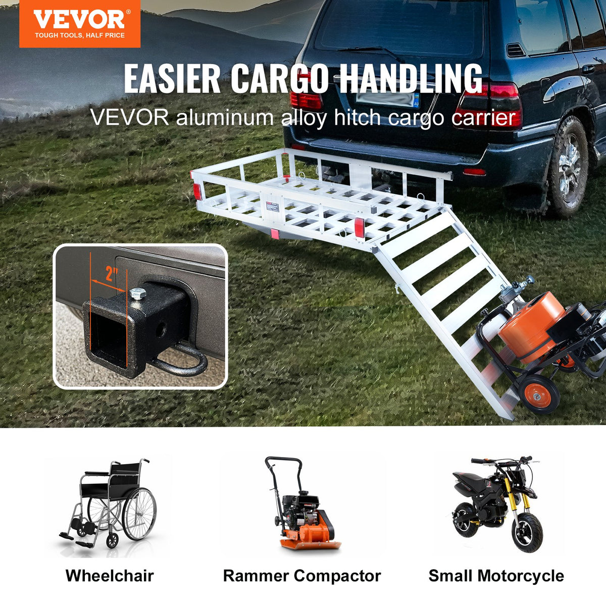 Hitch Cargo Carrier 500 lb Aluminum Trailer Basket with Folding Ramp