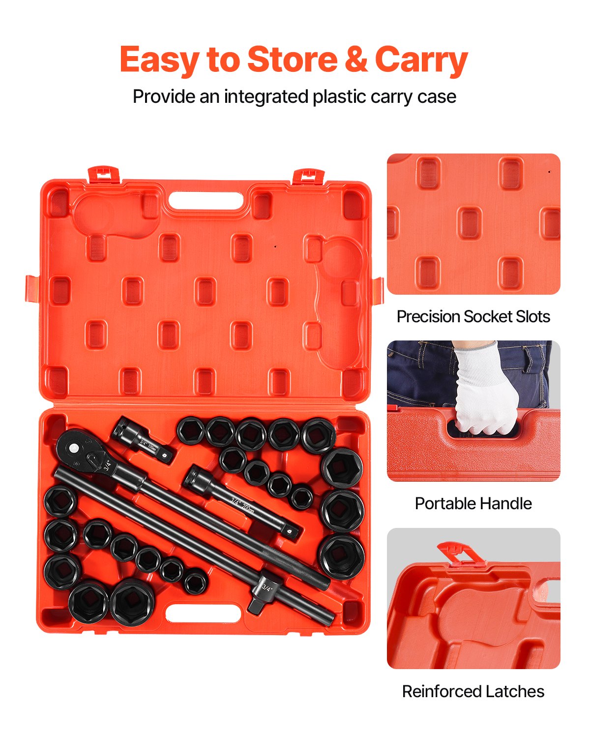 Impact Socket Set, 3/4" Drive 27-Piece SAE & Metric 7/8"-2"/22-50mm 6-Point Cr-V