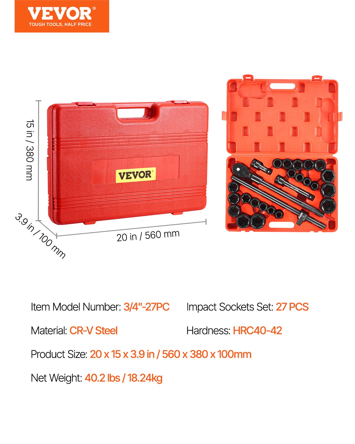 Impact Socket Set, 3/4" Drive 27-Piece SAE & Metric 7/8"-2"/22-50mm 6-Point Cr-V