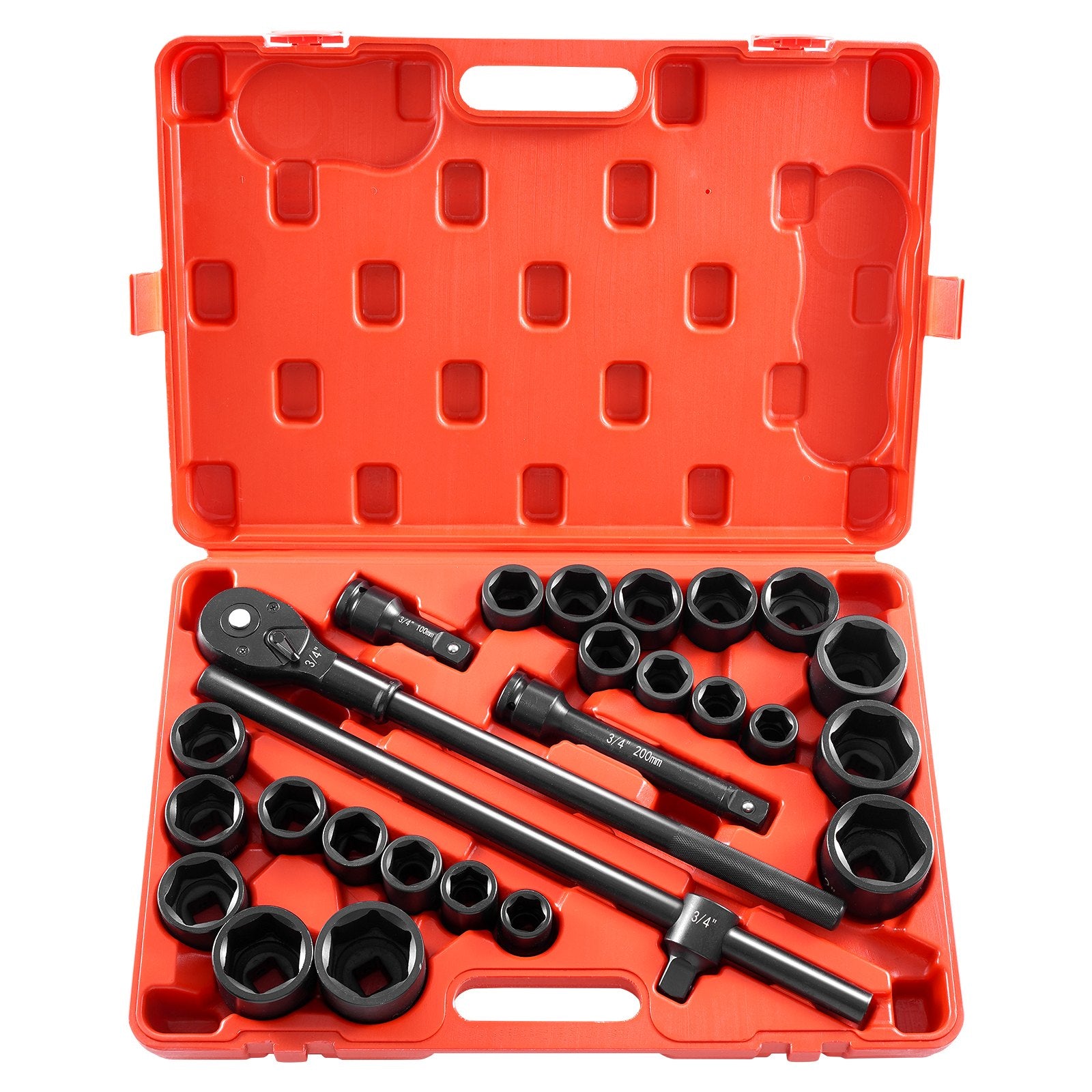 Impact Socket Set, 3/4" Drive 27-Piece SAE & Metric 7/8"-2"/22-50mm 6-Point Cr-V