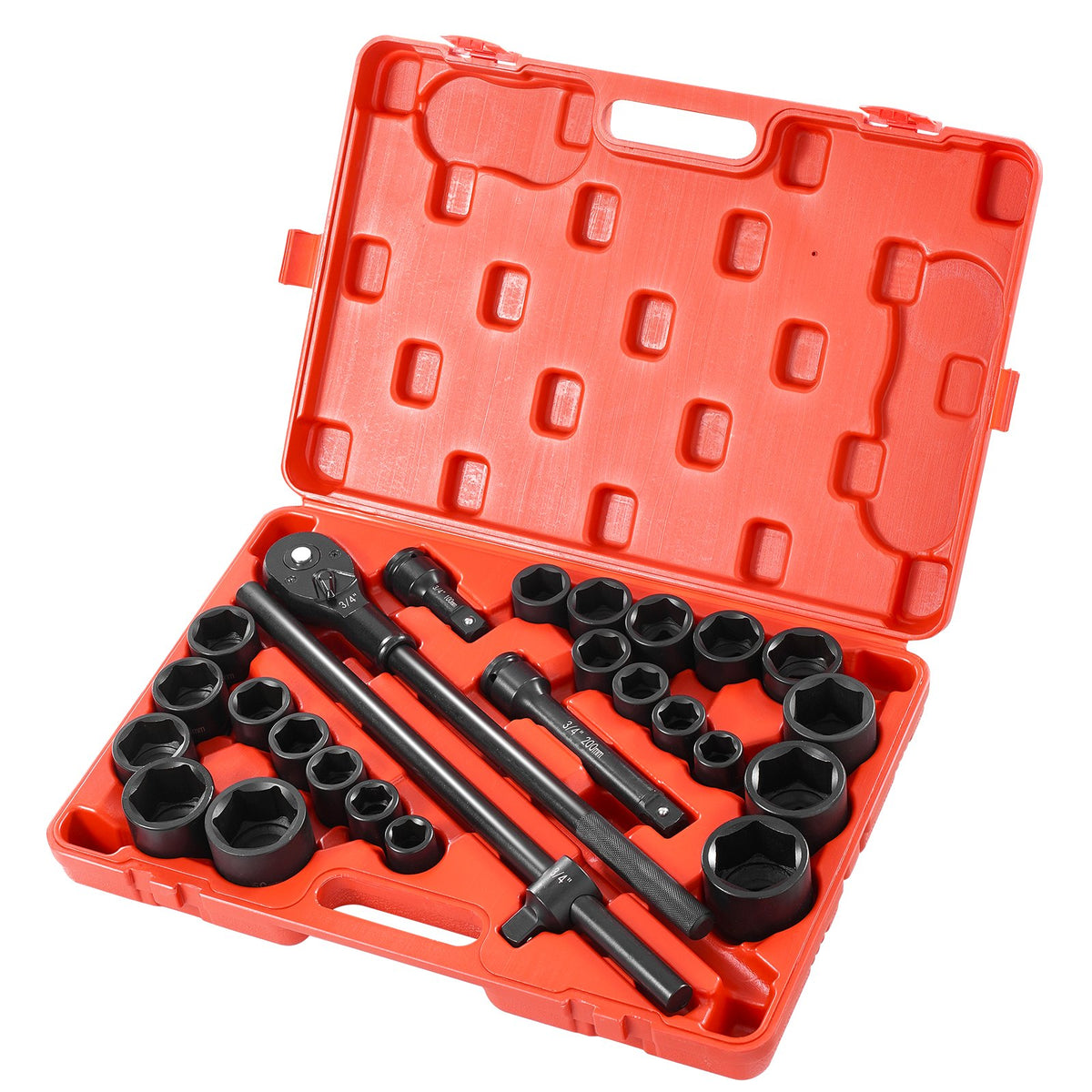 Impact Socket Set, 3/4" Drive 27-Piece SAE & Metric 7/8"-2"/22-50mm 6-Point Cr-V