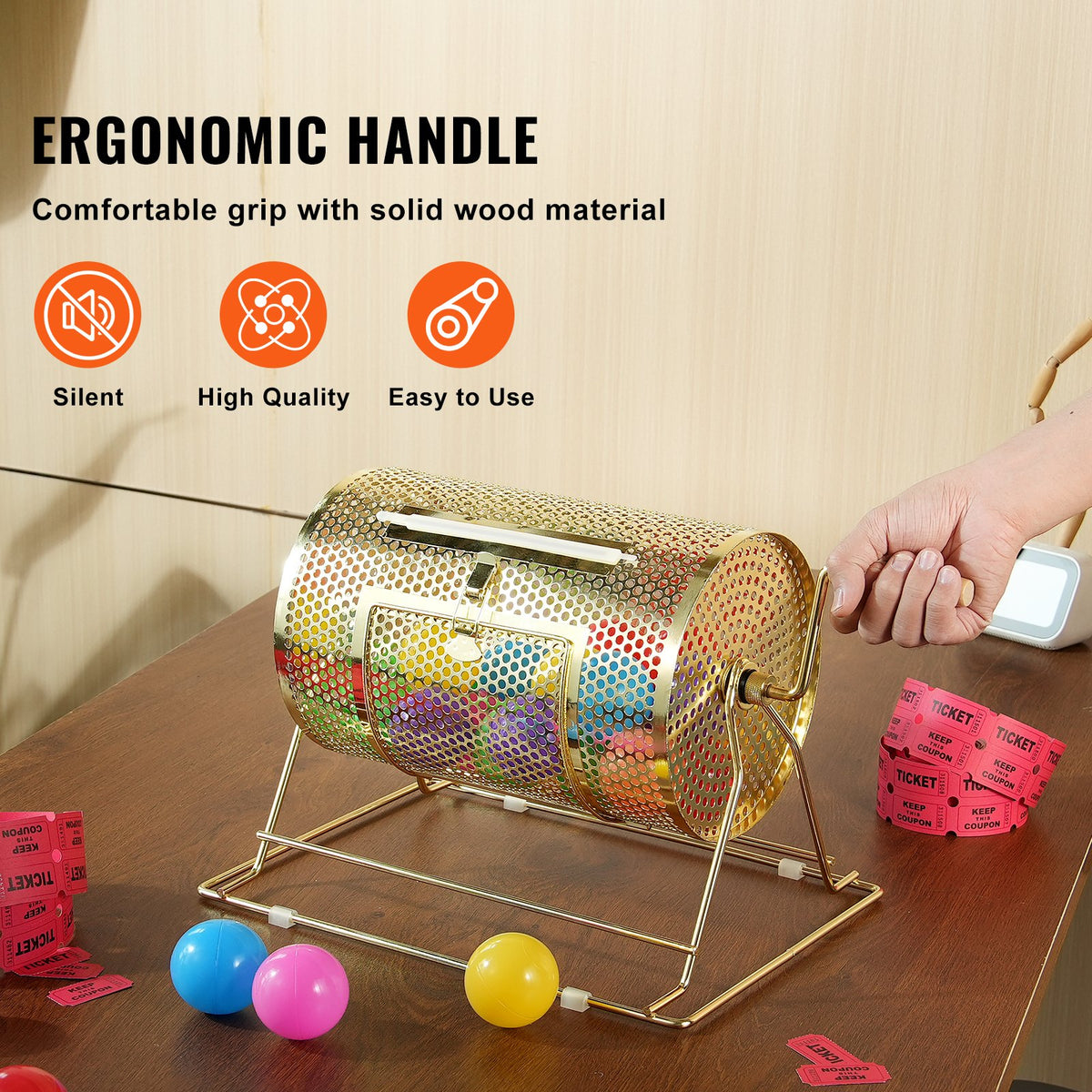 Brass Plated Raffle Drum Spinning Cage with Wooden Handle for Tickets Balls