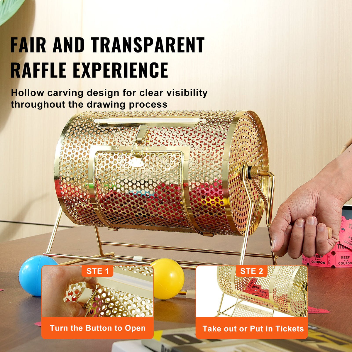 Brass Plated Raffle Drum Spinning Cage with Wooden Handle for Tickets Balls
