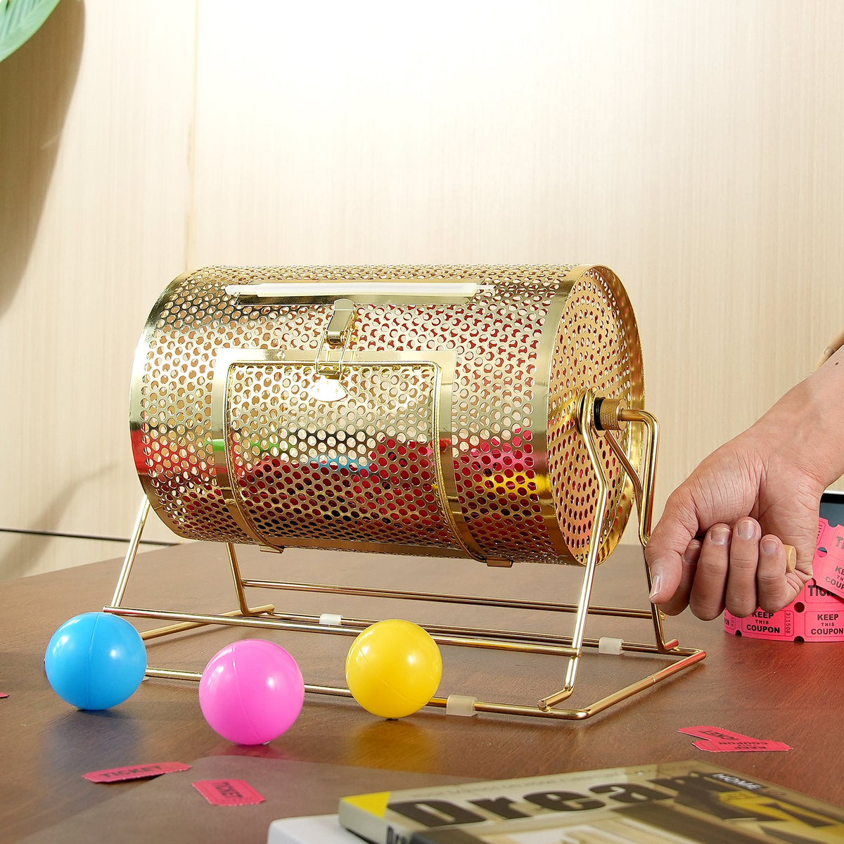 Brass Plated Raffle Drum Spinning Cage with Wooden Handle for Tickets Balls