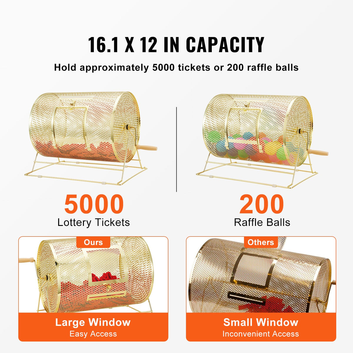 Raffle Drum 16.1"x12" Brass Plated Spinning Cage Holds 5000 Tickets or Balls