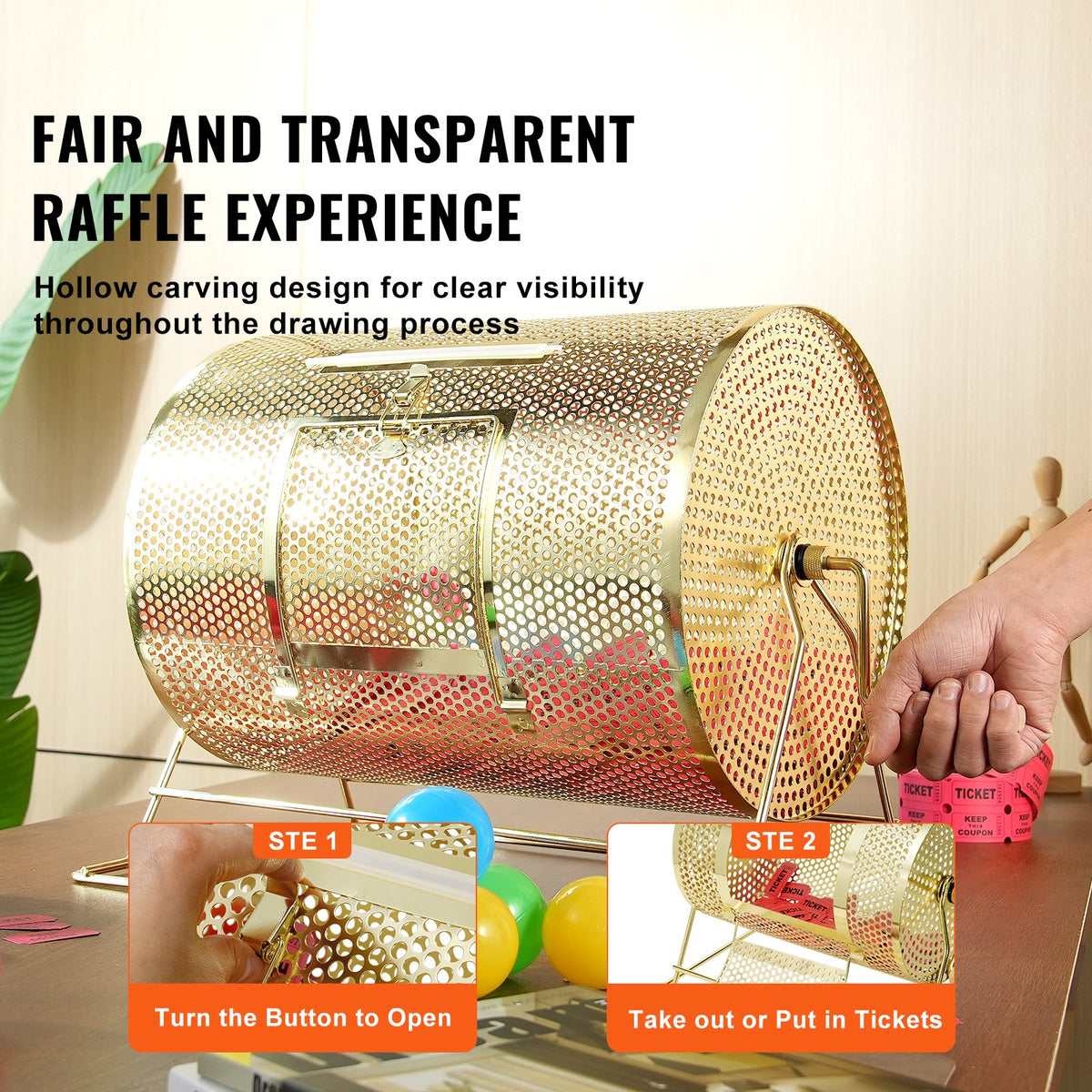 Raffle Drum 16.1"x12" Brass Plated Spinning Cage Holds 5000 Tickets or Balls