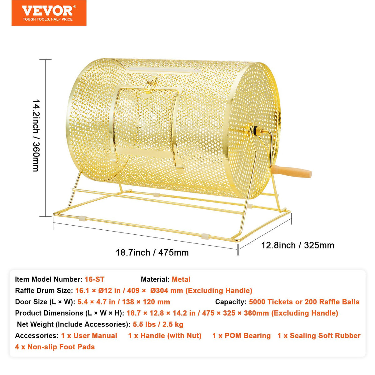 Raffle Drum 16.1"x12" Brass Plated Spinning Cage Holds 5000 Tickets or Balls
