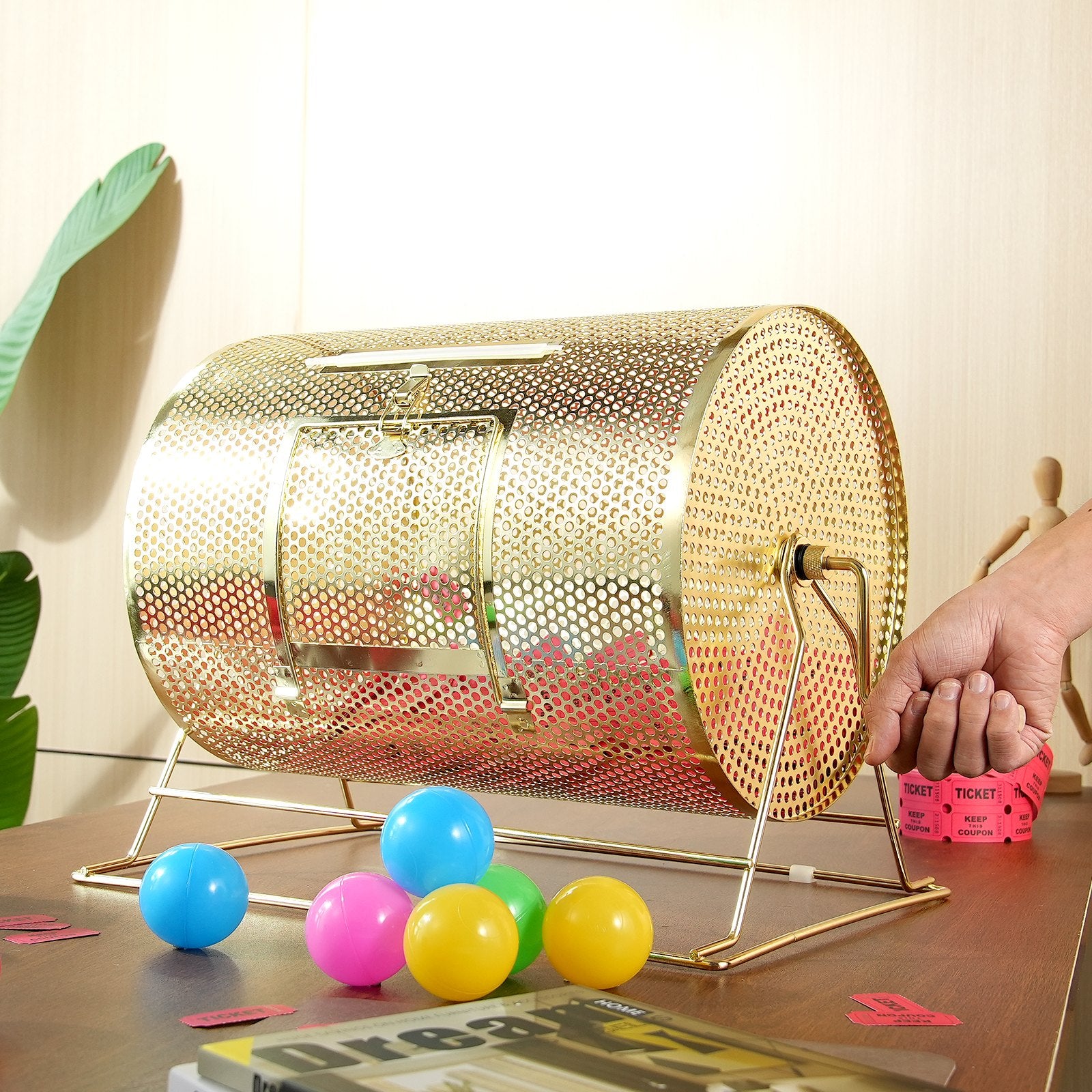 Raffle Drum 16.1"x12" Brass Plated Spinning Cage Holds 5000 Tickets or Balls