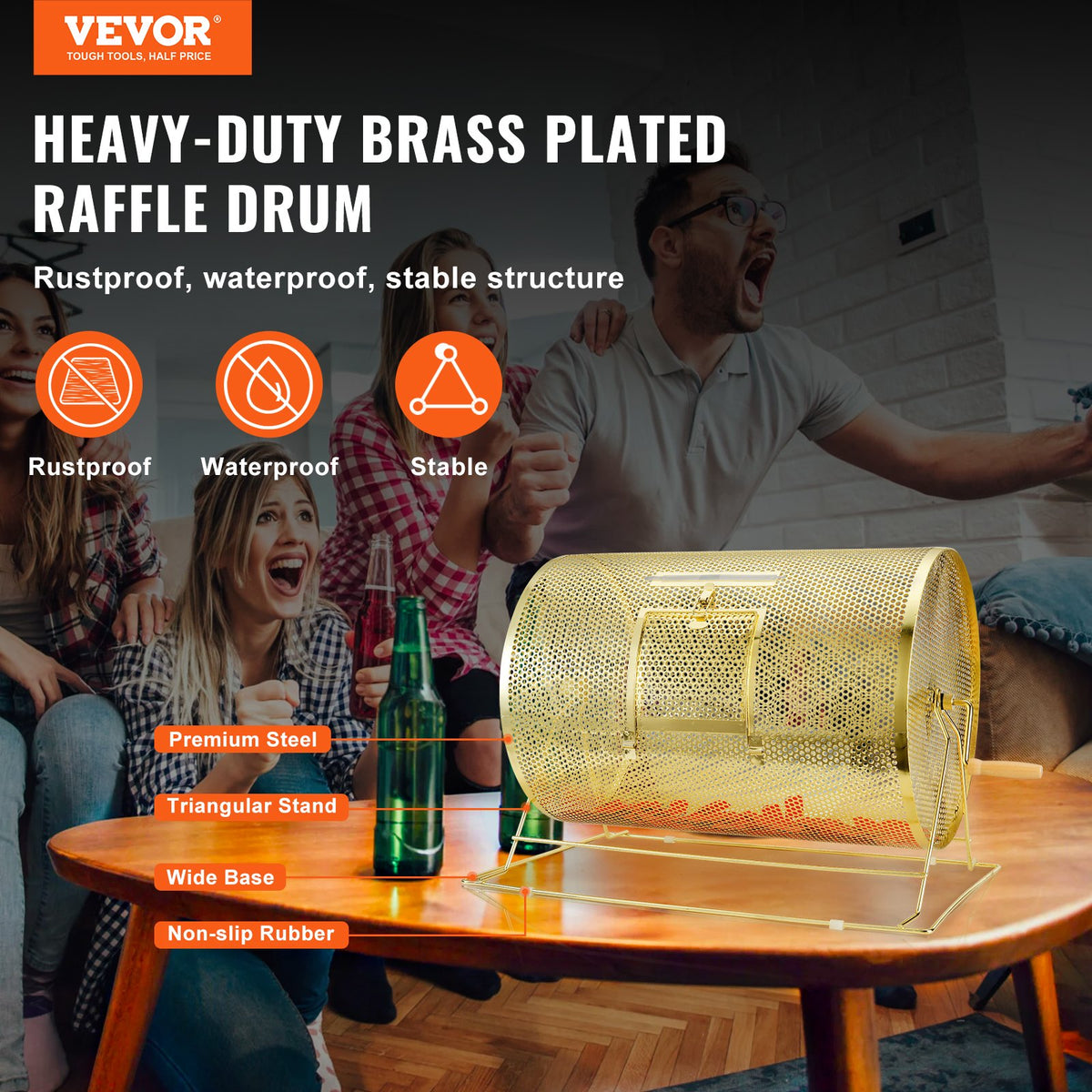 Brass Plated Raffle Drum Spinning Cage with Wooden Handle for Tickets Balls