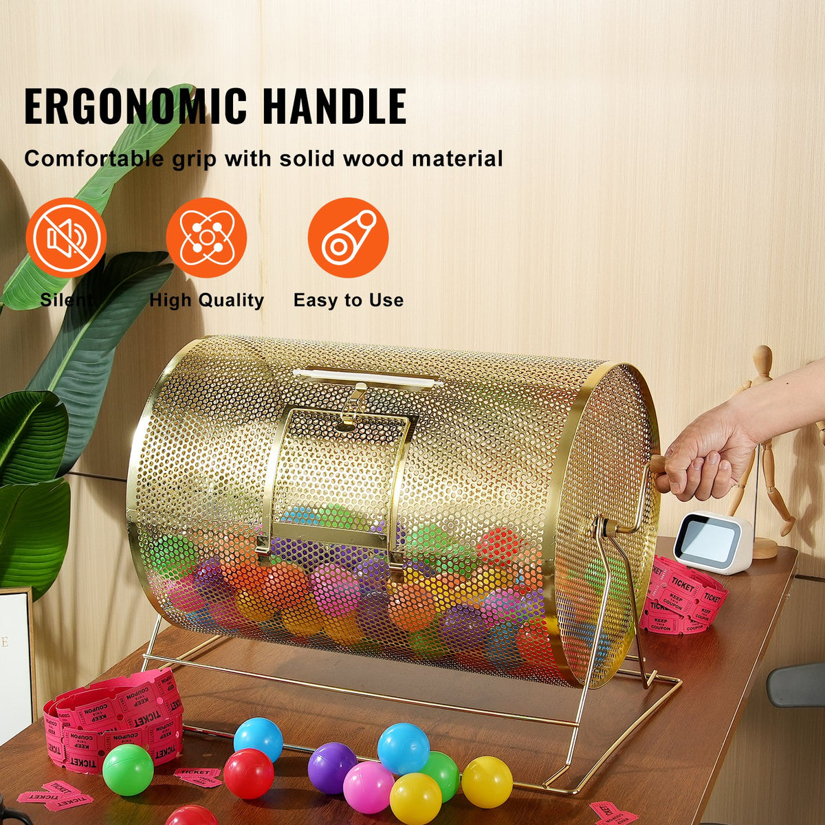 Brass Plated Raffle Drum Spinning Cage with Wooden Handle for Tickets Balls