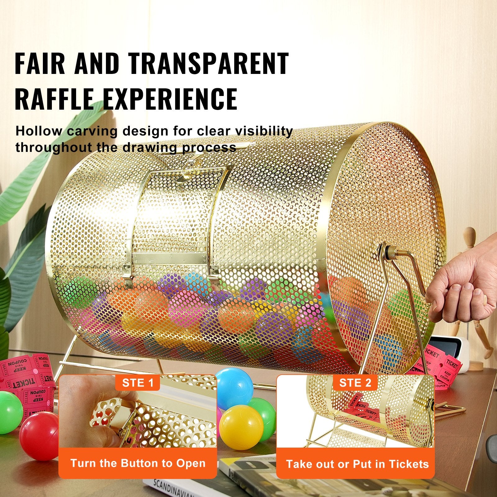 Brass Plated Raffle Drum Spinning Cage with Wooden Handle for Tickets Balls