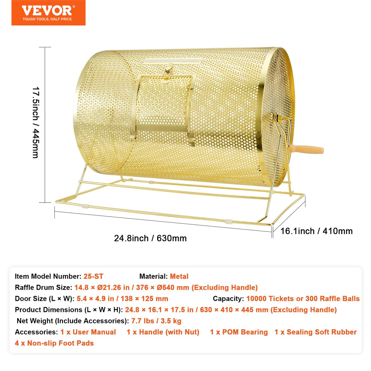 Brass Plated Raffle Drum Spinning Cage with Wooden Handle for Tickets Balls