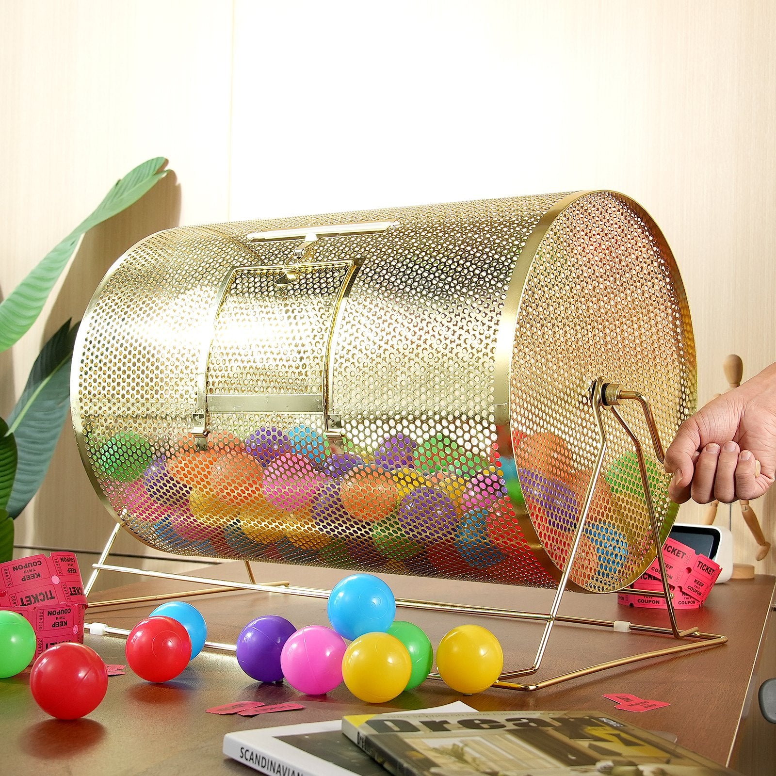 Brass Plated Raffle Drum Spinning Cage with Wooden Handle for Tickets Balls
