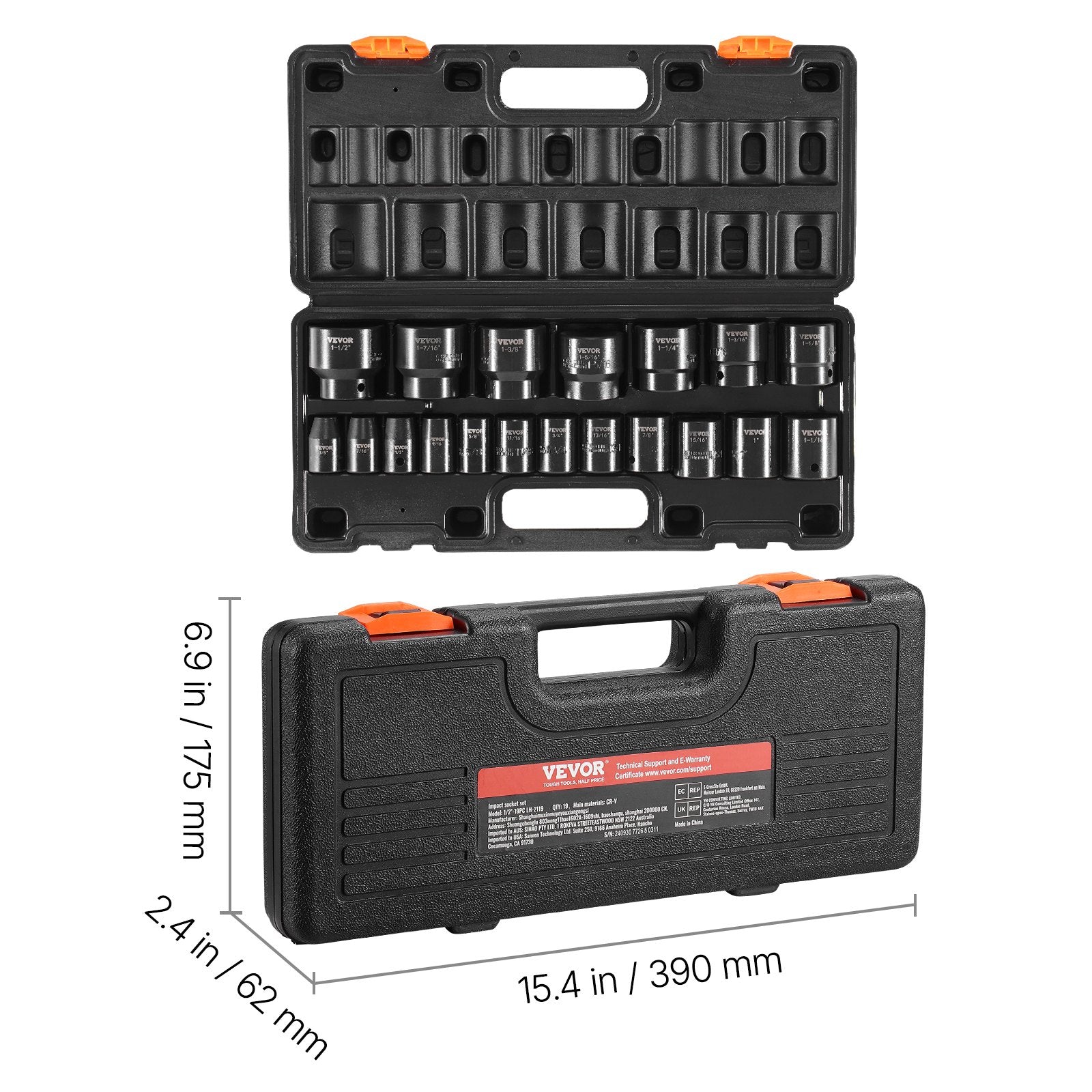 Impact Socket Set, 1/2" Drive 19-Piece SAE 6-Point Standard Hex Sockets