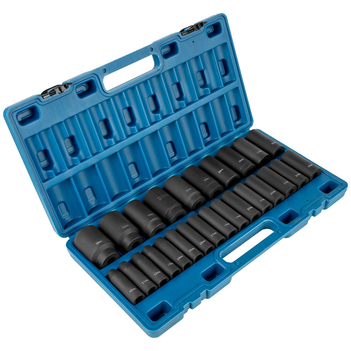Impact Socket Set, 1/2" Drive 26-Piece Metric 10-36mm Deep 6-Point Sockets