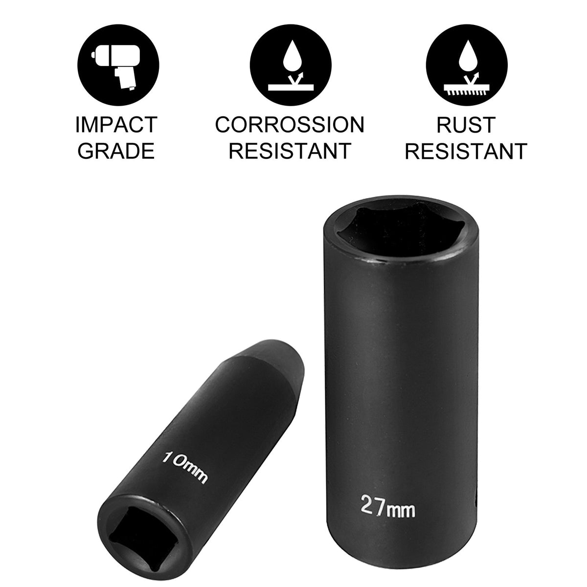 Impact Socket Set, 1/2" Drive 26-Piece Metric 10-36mm Deep 6-Point Sockets