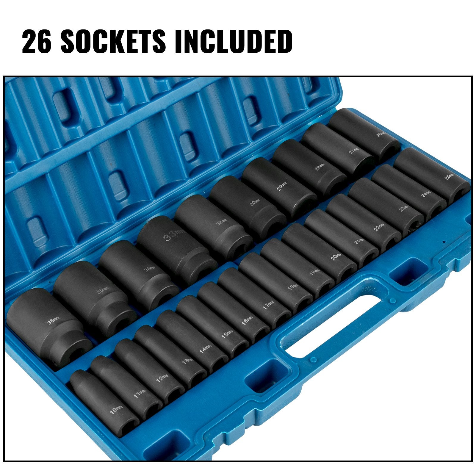 Impact Socket Set, 1/2" Drive 26-Piece Metric 10-36mm Deep 6-Point Sockets