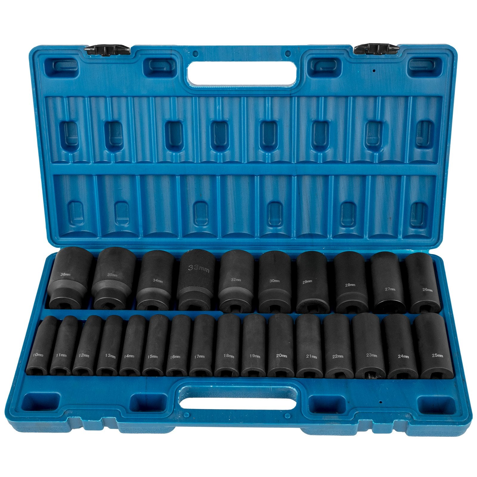 Impact Socket Set, 1/2" Drive 26-Piece Metric 10-36mm Deep 6-Point Sockets