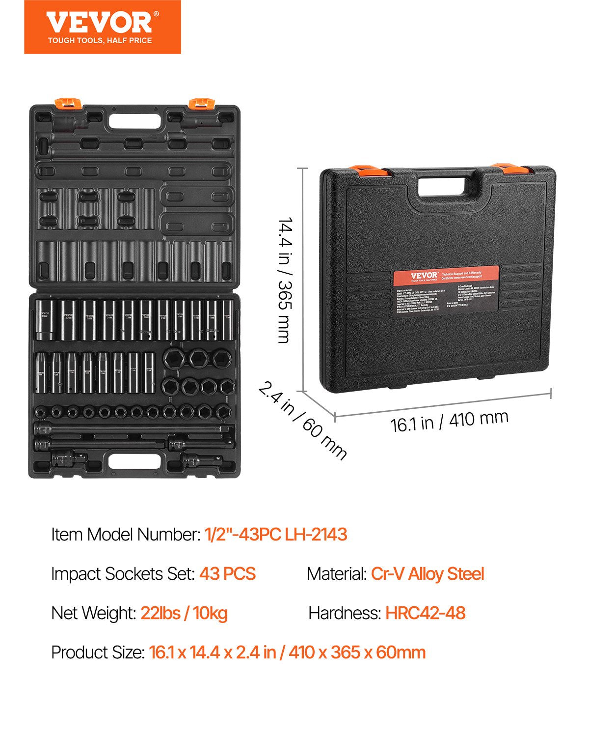 Impact Socket Set, 1/2" Drive 43-Piece Metric 9-30mm Standard & Deep 6-Point