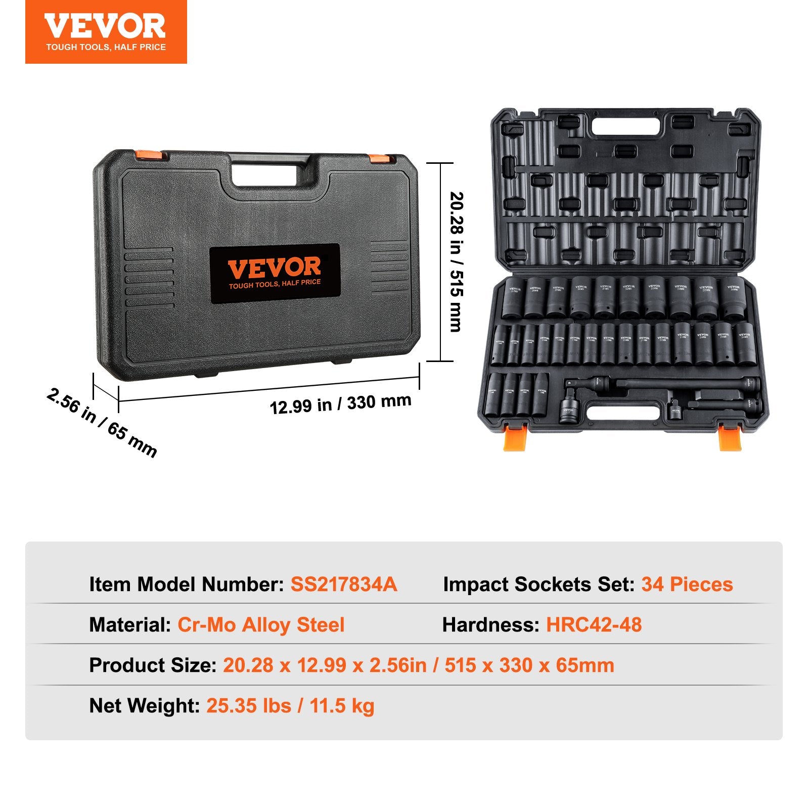 Impact Socket Set 1/2in Drive 34-Piece Metric 8-36mm 6-Point Cr-MO Steel Case