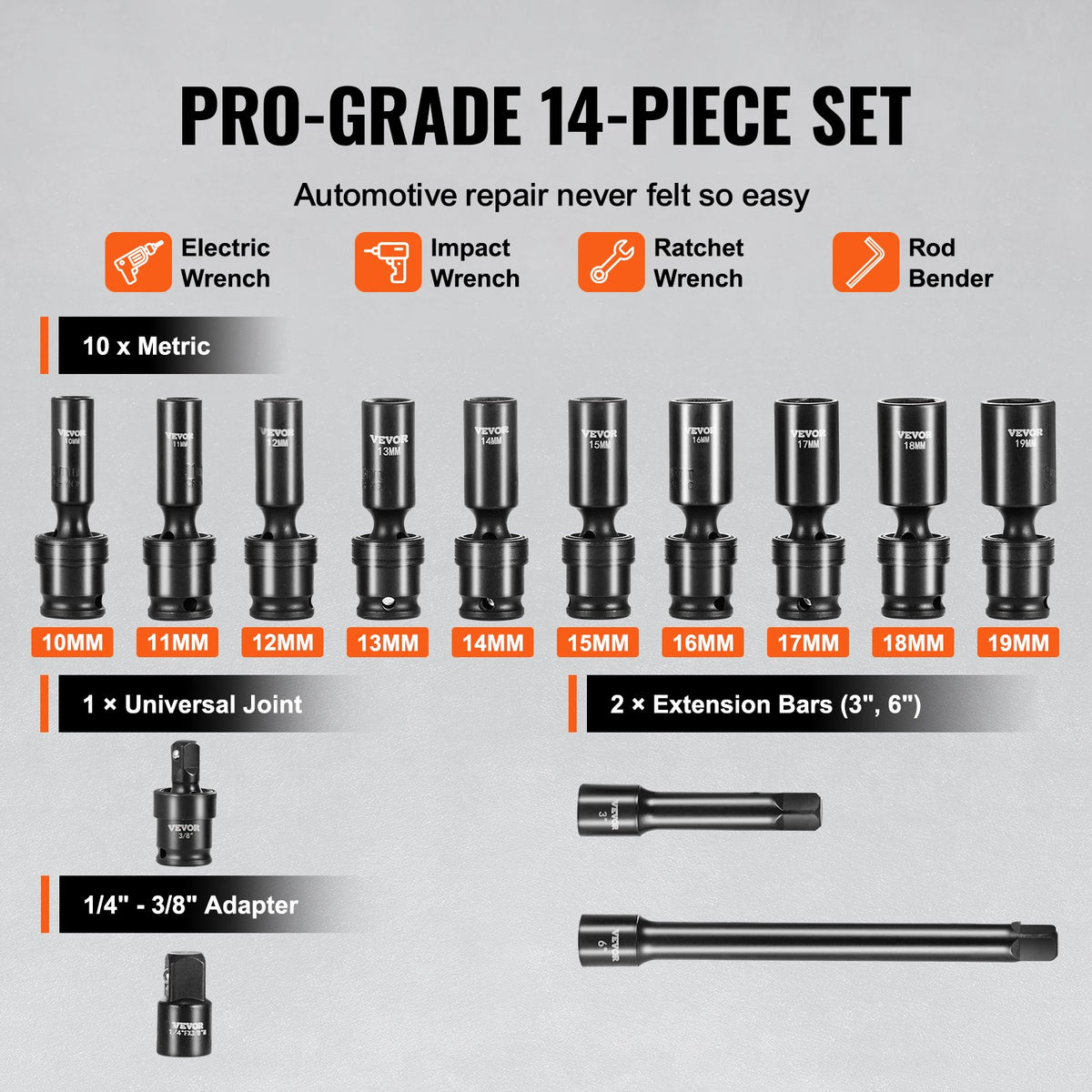 Swivel Impact Socket Set, 3/8" Drive 14-Piece Deep Metric 10-19mm 6-Point Cr-Mo