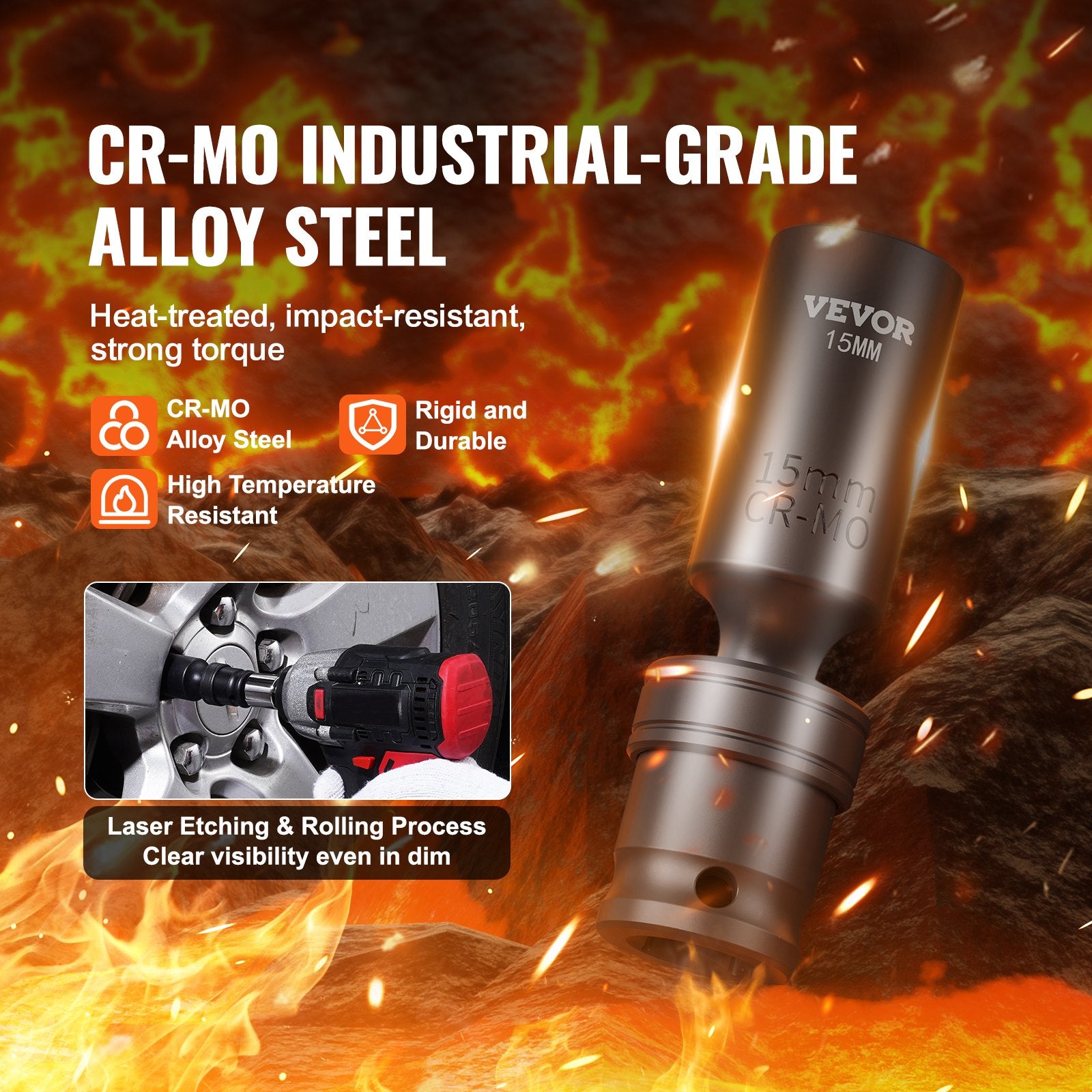 Swivel Impact Socket Set, 3/8" Drive 14-Piece Deep Metric 10-19mm 6-Point Cr-Mo