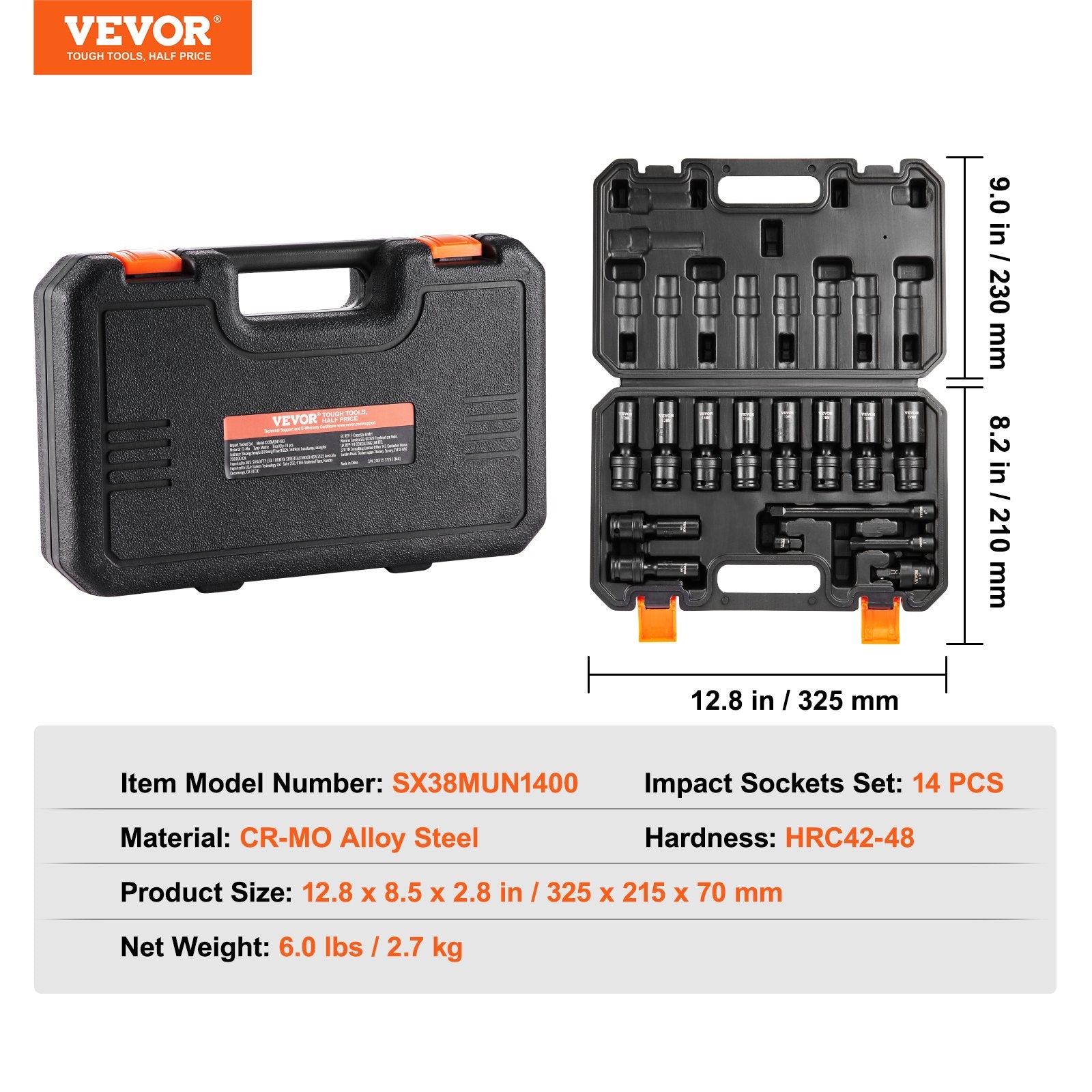 Swivel Impact Socket Set, 3/8" Drive 14-Piece Deep Metric 10-19mm 6-Point Cr-Mo