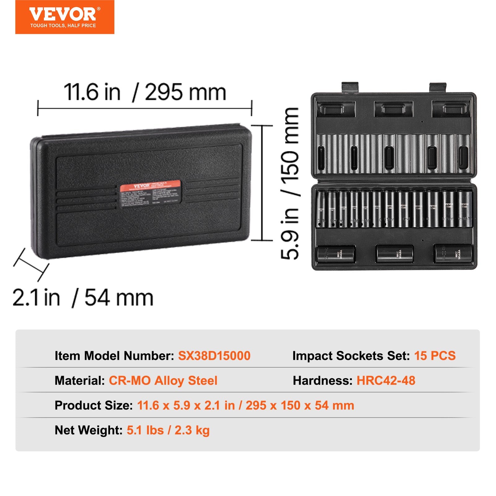 Impact Socket Set 3/8in Drive 15-Piece Metric 8-22mm 6-Point Cr-Mo Steel Case