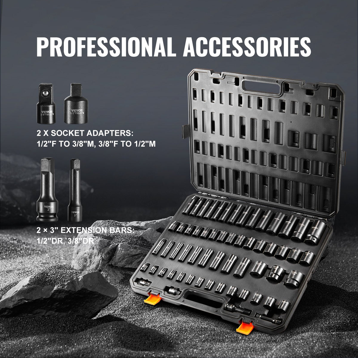 Impact Socket Set, 3/8" & 1/2" Drive 59-Piece SAE & Metric 6-32mm Cr-Mo Steel