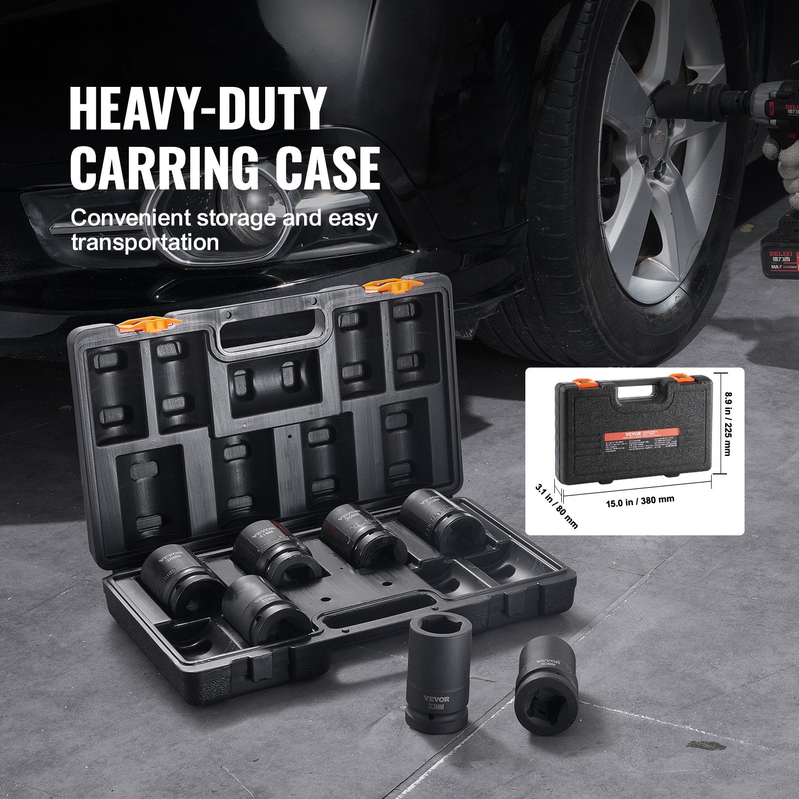 Impact Socket Set, 1" Drive 8-Piece Metric 27-41mm 6-Point Cr-Mo Steel with Case