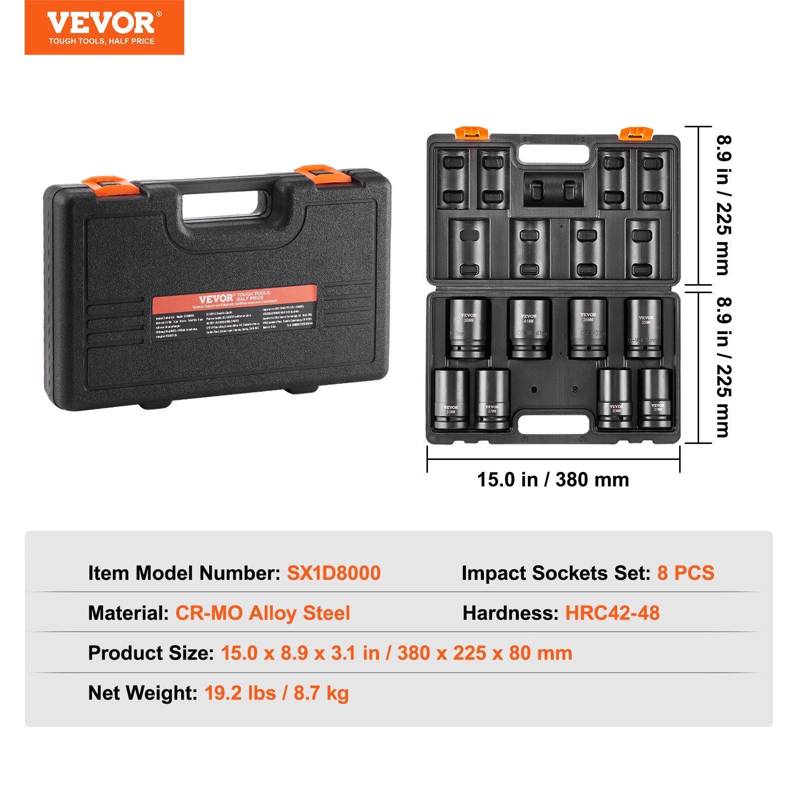 Impact Socket Set, 1" Drive 8-Piece Metric 27-41mm 6-Point Cr-Mo Steel with Case