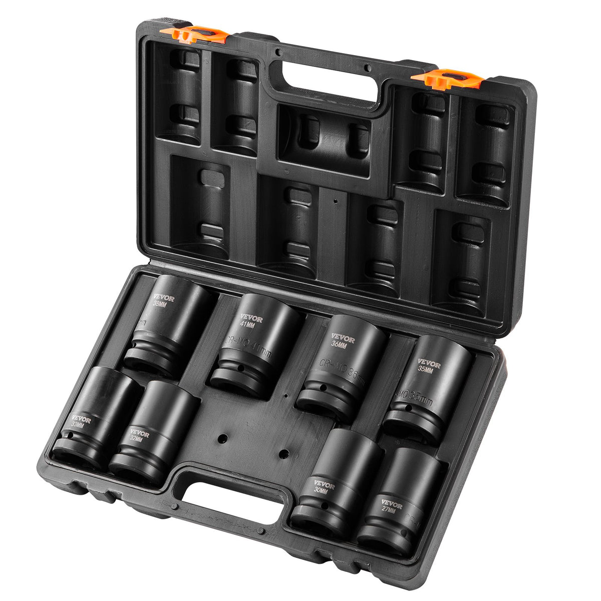 Impact Socket Set, 1" Drive 8-Piece Metric 27-41mm 6-Point Cr-Mo Steel with Case