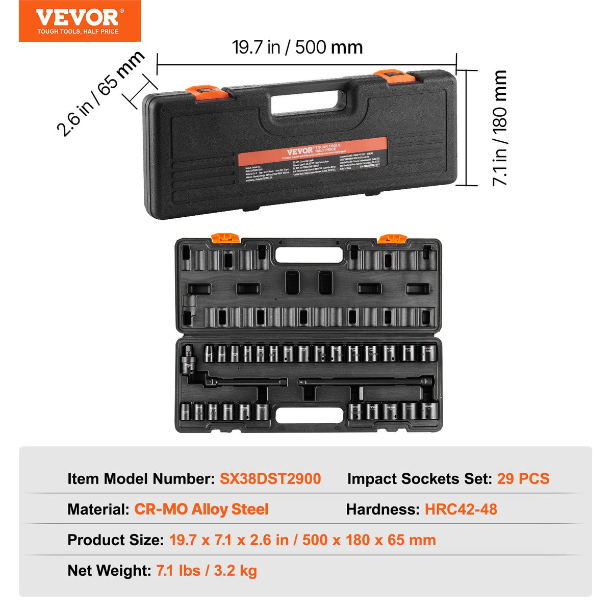 Impact Socket Set 3/8" Drive 29-Piece SAE & Metric 6-Point CR-MO Steel with Case
